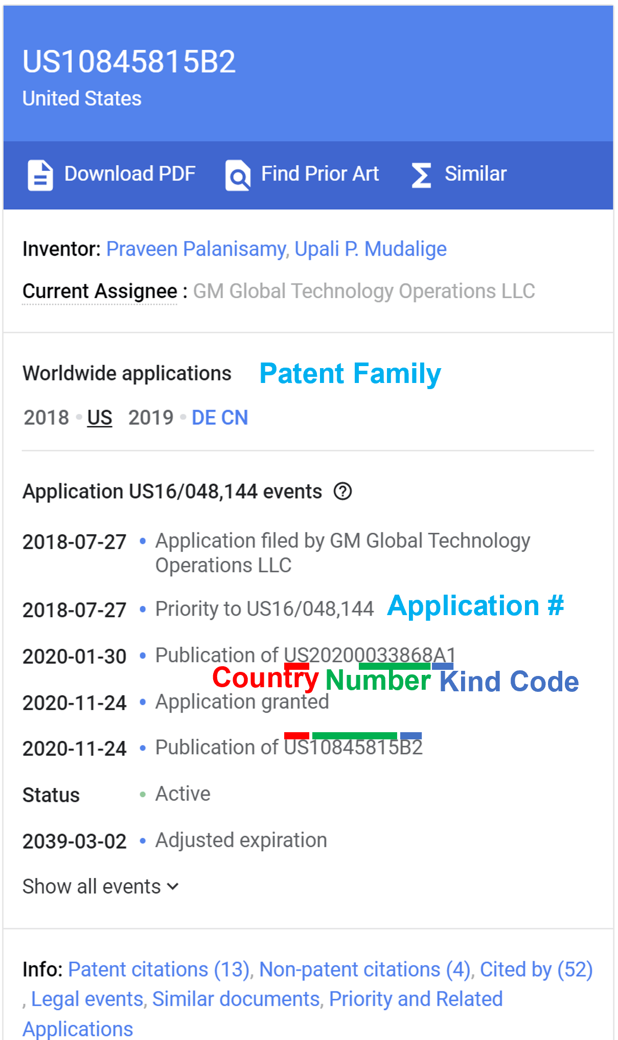 Google patents side panel annotated with patent numbers