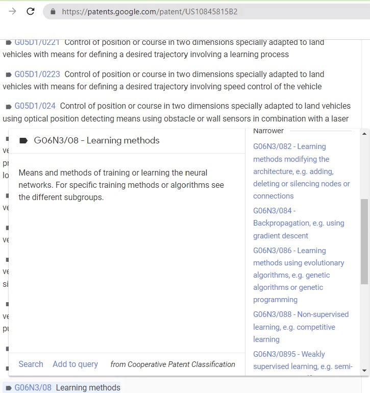 Patent classification code example from US 10,845,815 B2